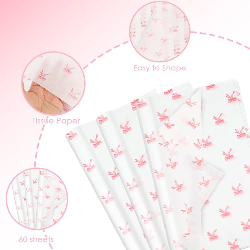 Ethanberg 60 Sheets Gift Wrapping Tissue Paper Bulk, Pink Bow Printed Tissue Paper for Gift Bags, Decorative Art Papers for DIY Crafts Wedding Birthday Baby Showers Holiday Party Decor, 20x14 Inches - Image 3